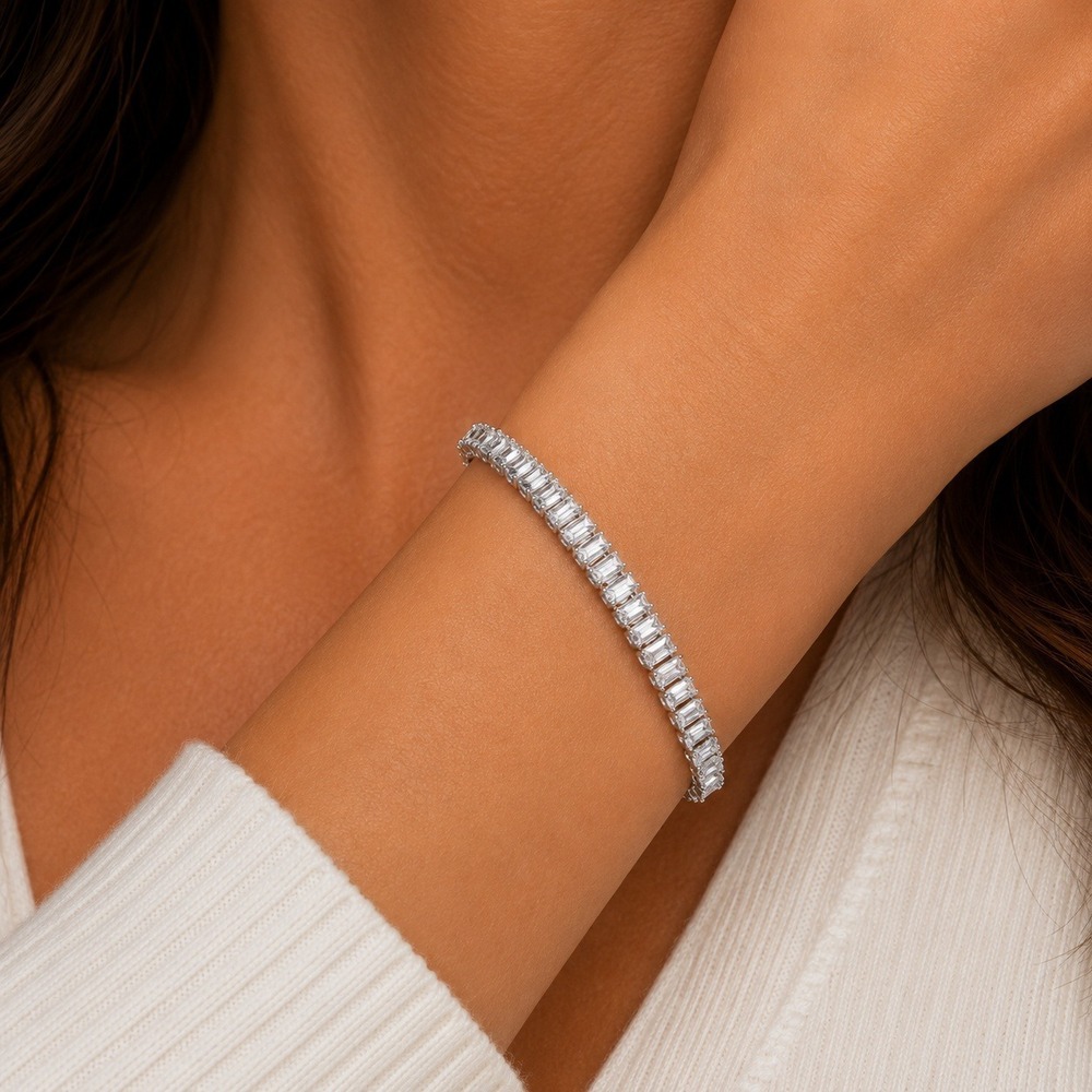 Swarovski Crystal Tennis Bracelet Baguette Silver Overlay Clear 6-8in Adjustable